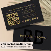 Minimalistische Chic Zwart Goud Monogram QR Visitekaartje