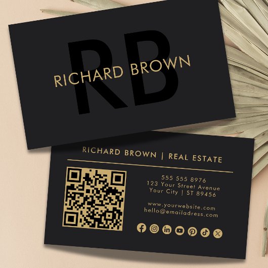 Minimalistische Chic Zwart Goud Monogram QR Visitekaartje