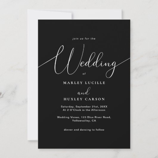 Minimalistische Chic Zwart Wit Script Wedding Kaart (Voorkant)
