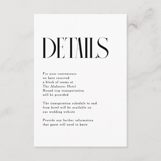 Minimalistische chique bruiloft details informatiekaartje (Voorkant)