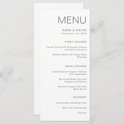 Minimalistische chique bruiloft | Gray Menu (Voorkant / Achterkant)
