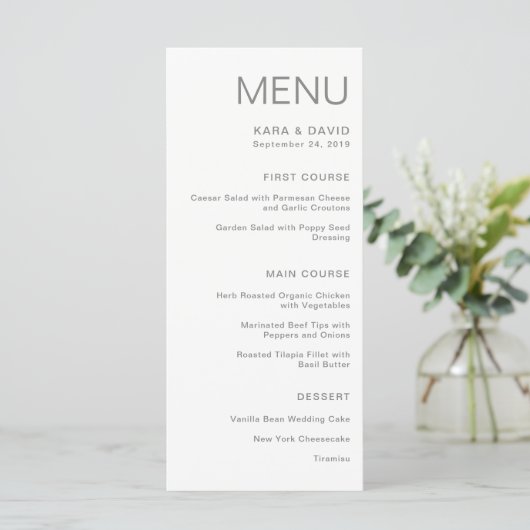 Minimalistische chique bruiloft | Gray Menu (Staand voorkant)