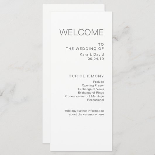 Minimalistische chique bruiloft | grijs programma programmakaart (Voorkant / Achterkant)