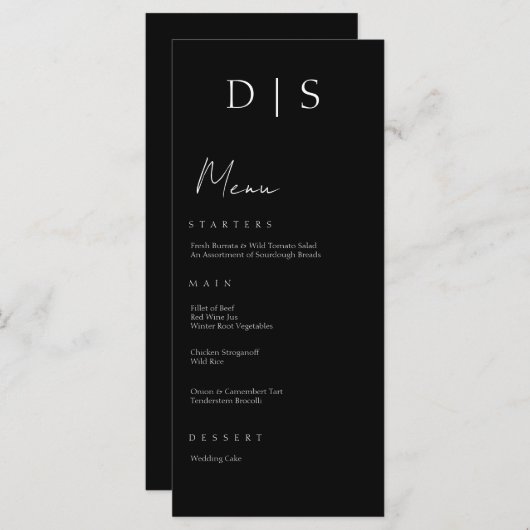 Minimalistische chique zwart-wit bruiloft menu (Voorkant / Achterkant)