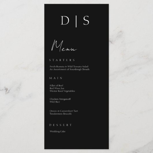 Minimalistische chique zwart-wit bruiloft menu (Voorkant)