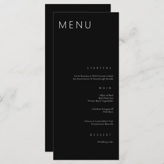 Minimalistische chique zwart-wit moderne bruiloft menu (Voorkant / Achterkant)