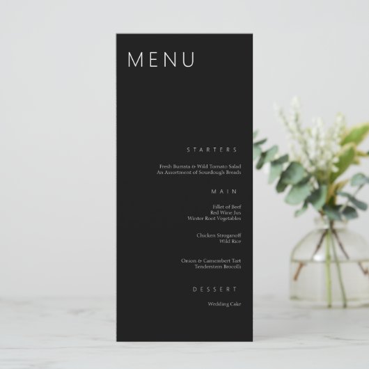 Minimalistische chique zwart-wit moderne bruiloft menu (Staand voorkant)