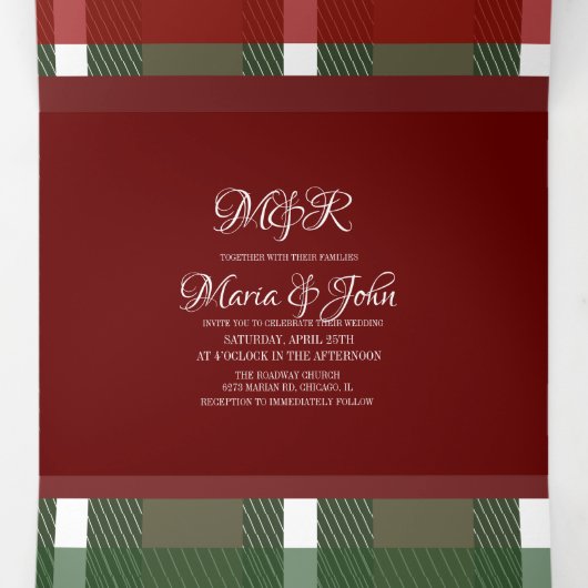 Minimalistische Christmas Plaid White Ring Logo br Drieluik Uitnodiging (Binnenkant midden)