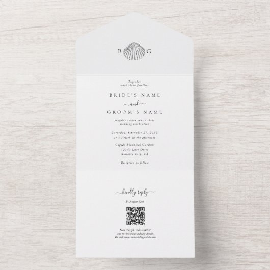 Minimalistische Clam Seashell Monogram Bruiloft All In One Uitnodiging (Binnen)