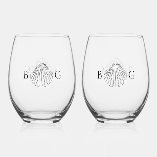 Minimalistische Clam Seashell Monogram Bruiloft Fa Wijnglas Zonder Voet (Voorkant)