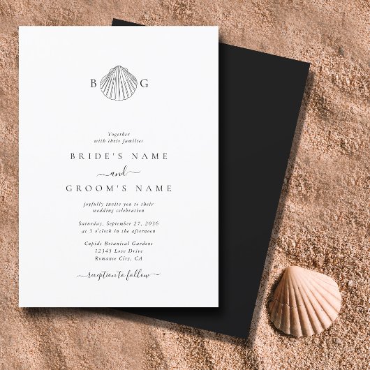 Minimalistische Clam Seashell Monogram Bruiloft Kaart