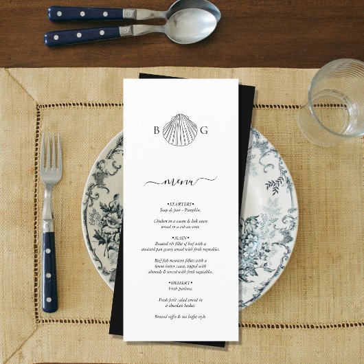 Minimalistische Clam Seashell Monogram Bruiloft Menu