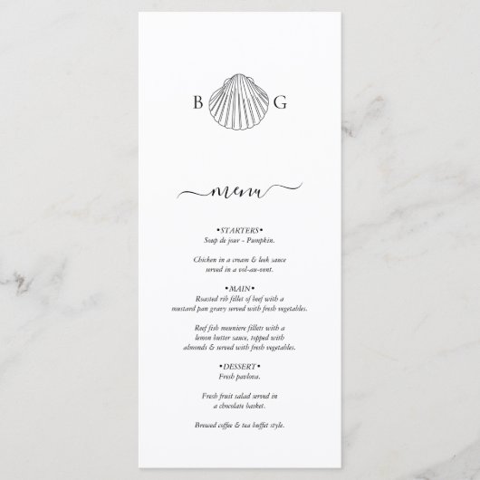 Minimalistische Clam Seashell Monogram Bruiloft Menu (Voorkant)