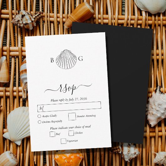 Minimalistische Clam Seashell Monogram Bruiloft RSVP Kaartje