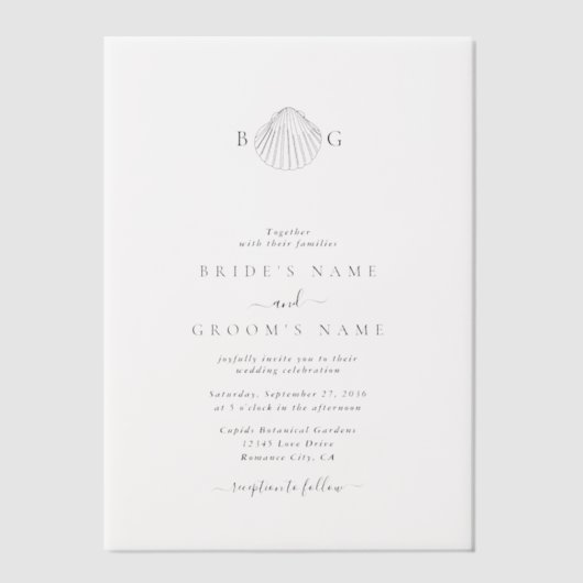 Minimalistische Clam Seashell Monogram Bruiloft Vellum Uitnodigingen (Voorkant)