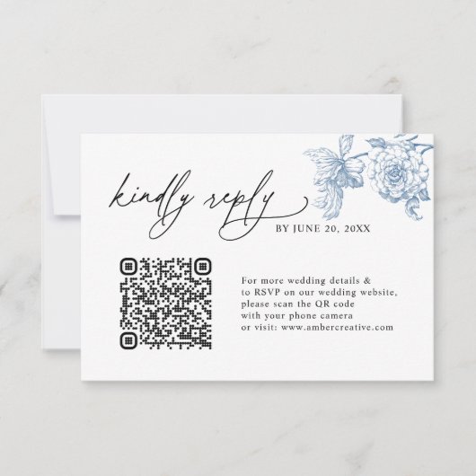 Minimalistische Classic Blue QR code bruiloft RSVP Kaartje (Voorkant)