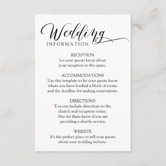 Minimalistische Classic Calligrafie Wedding Insert Informatiekaartje (Voorkant)