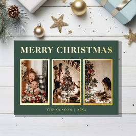 Minimalistische Classic Christmas Green Three Foto Folie Feestdagenkaart