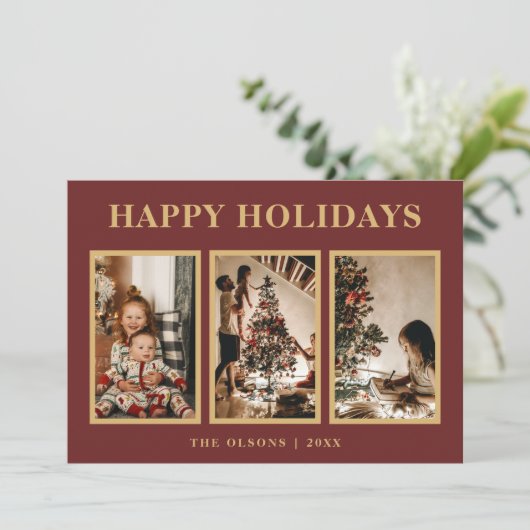 Minimalistische Classic Feestdagen Red Three Foto Feestdagenkaart (Staand voorkant)