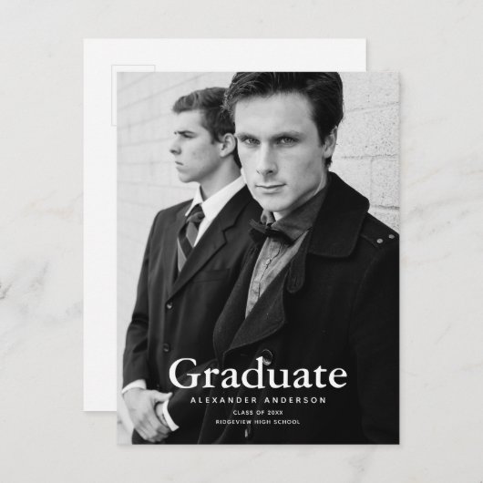 Minimalistische Classic Zwart-wit Foto Afstuderen Aankondigingskaart (Voorkant / Achterkant)