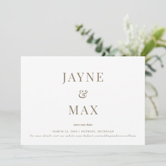 Minimalistische Classy White en Gold Wedding Save Kaart (Staand voorkant)