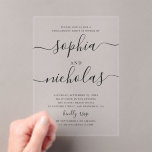 Minimalistische Clear Engagement Party | elegant s Acryl Uitnodigingen<br><div class="desc">Nodig je geliefden uit met deze elegante uitnodiging voor een acrylverlovingsfeest met een transparante achtergrond en een modern kalligrafiescript. Dit heldere ontwerp creëer heeft een chique en tijdloze uitstraling. Het fungeert als een stijlvolle souvenir die gasten kunnen koesteren. Perfect voor verlovingsfeesten, pre-huwelijksfeesten en koppels die houden van minimalistisch briefpapier met...</div>
