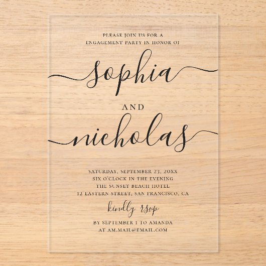 Minimalistische Clear Engagement Party | elegant s Acryl Uitnodigingen (Voorkant)