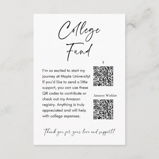Minimalistische College Graduation Fund Gift Regis Informatiekaartje (Achterkant)