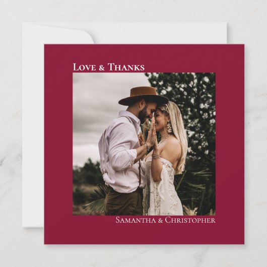 Minimalistische cranberry Red Wedding Photo Love & Bedankkaart (Voorkant)