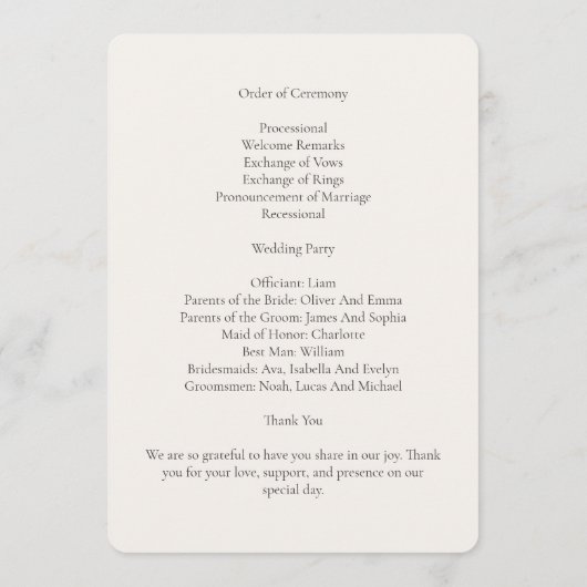 Minimalistische Cream Trouwroute Programmakaart (Achterkant)