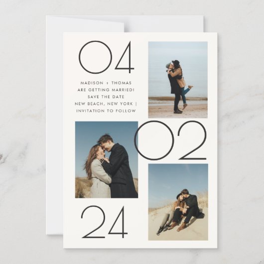 Minimalistische Crème 3 Foto Bruiloft Save The Dat Magnetische Uitnodiging (Voorkant)