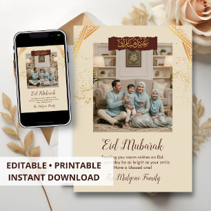 Minimalistische Crème en Gouden Eid Mubarak Famili Feestdagenkaart