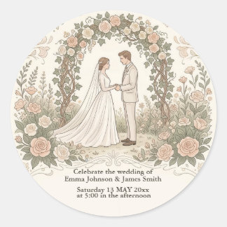 Minimalistische Crème Kleur Vintage Bloemen Huweli Ronde Sticker