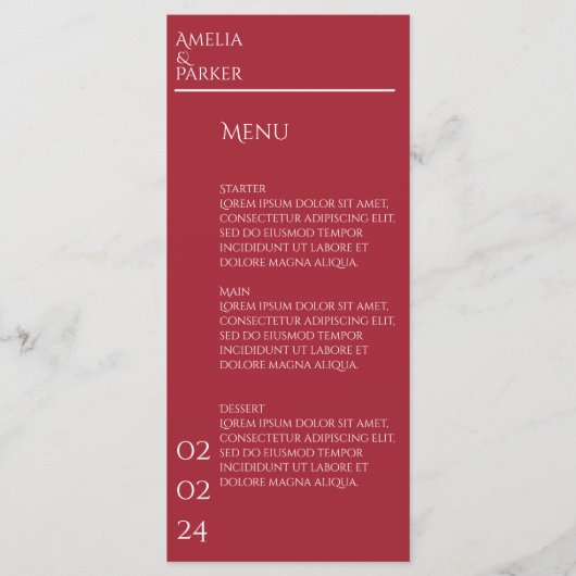 Minimalistische Crimson Red Wedding Menu (Voorkant)