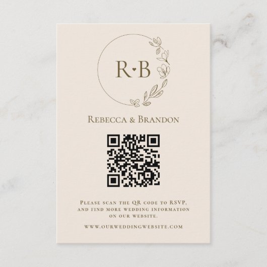 Minimalistische Custom Monogram Neutrale QR Code R Informatiekaartje (Voorkant)
