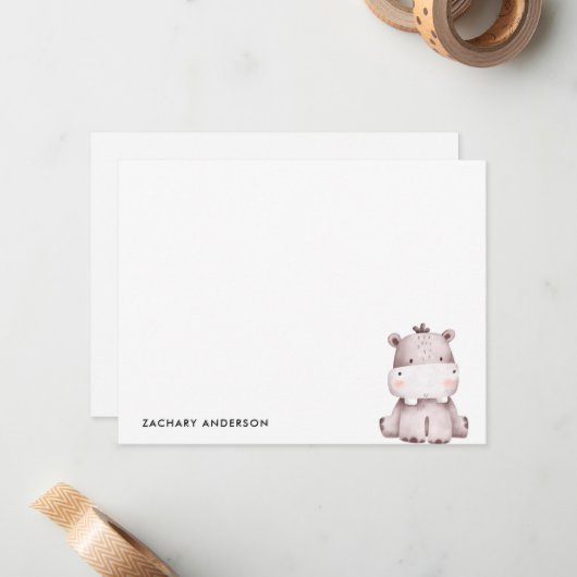 Minimalistische Cute Baby nijlpaard Kids Persoonli Notitiekaartje (Voorkant / Achterkant in situ)
