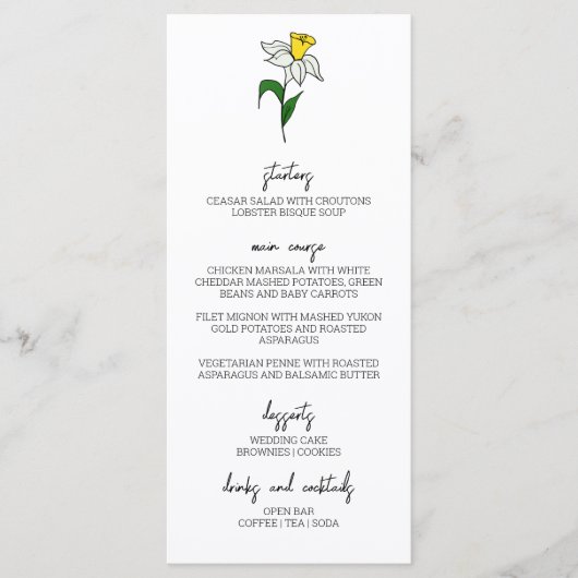 Minimalistische Daffodil Wedding Menu (Voorkant)