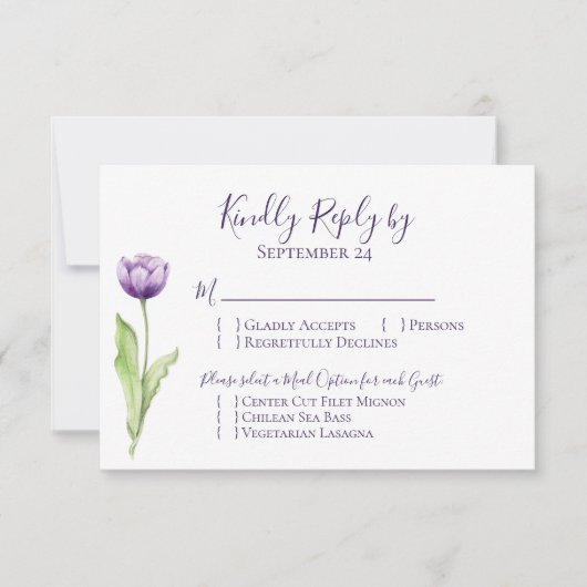 Minimalistische Deep Paarse Single Tulip bruiloft  RSVP Kaartje (Voorkant)