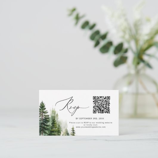 Minimalistische dennenbomen QR code bruiloft RSVP Informatiekaartje (Staand voorkant)