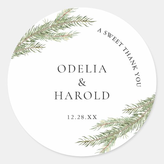 Minimalistische dennenboom tak winter bruiloft ronde sticker (Voorkant)