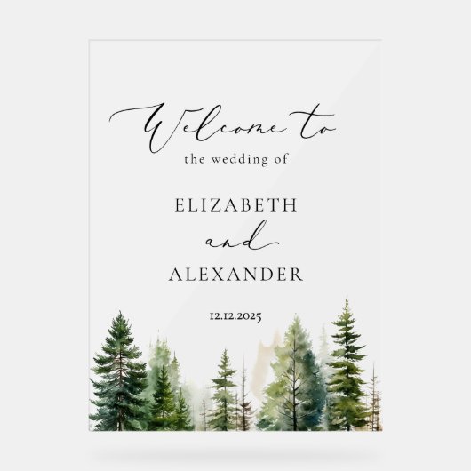 Minimalistische dennenbos bruiloft Welkom Acryl Bord (Voorkant)