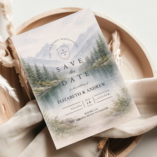 Minimalistische dennenbos landschap bruiloft save the date