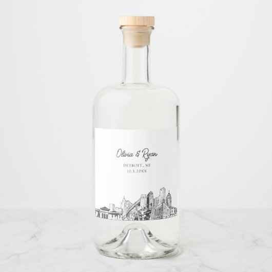 Minimalistische Detroit bruiloft Custom Likeurfles Etiket (Voorkant)