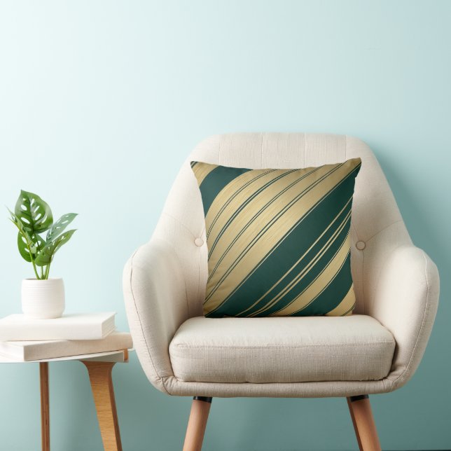 Minimalistische Diagonal Gold en Green Stripes vak Kussen (Stoel)