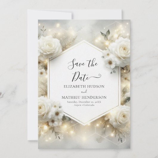 Minimalistische digitale witte rozen bruiloft save the date (Voorkant)