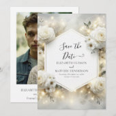 Minimalistische digitale witte rozen bruiloft save the date (Voorkant / Achterkant)