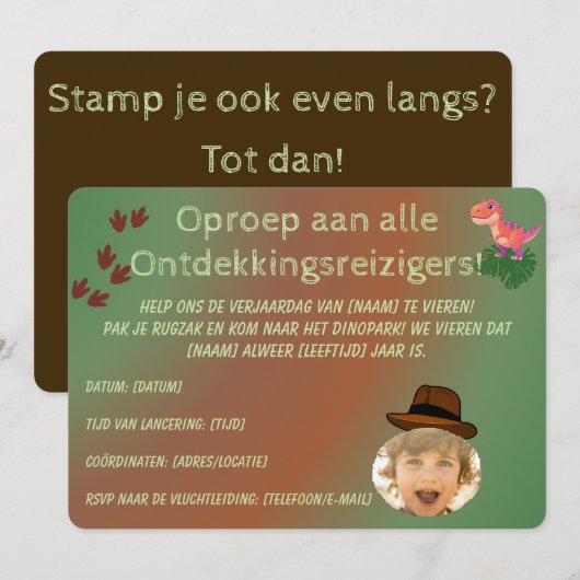 Minimalistische Dinosaurus Uitnodiging – Verjaarda (Voorkant / Achterkant)