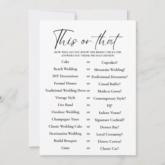 Minimalistische dit of dat Vrijgezellenfeest spel  (Voorkant)