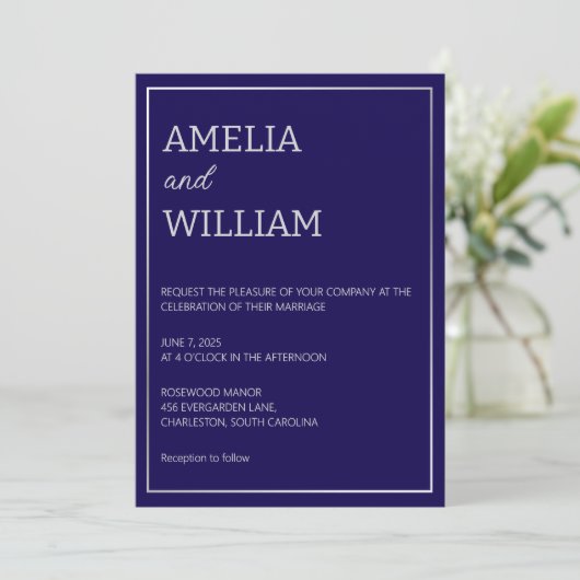 Minimalistische donkerblauwe bruiloft uitnodiging (Staand voorkant)