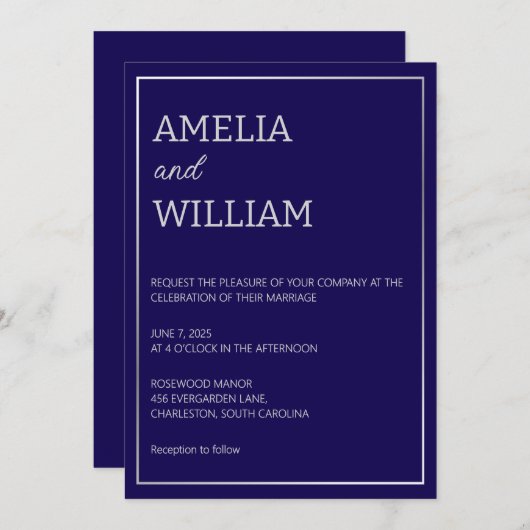 Minimalistische donkerblauwe bruiloft uitnodiging  (Voorkant / Achterkant)